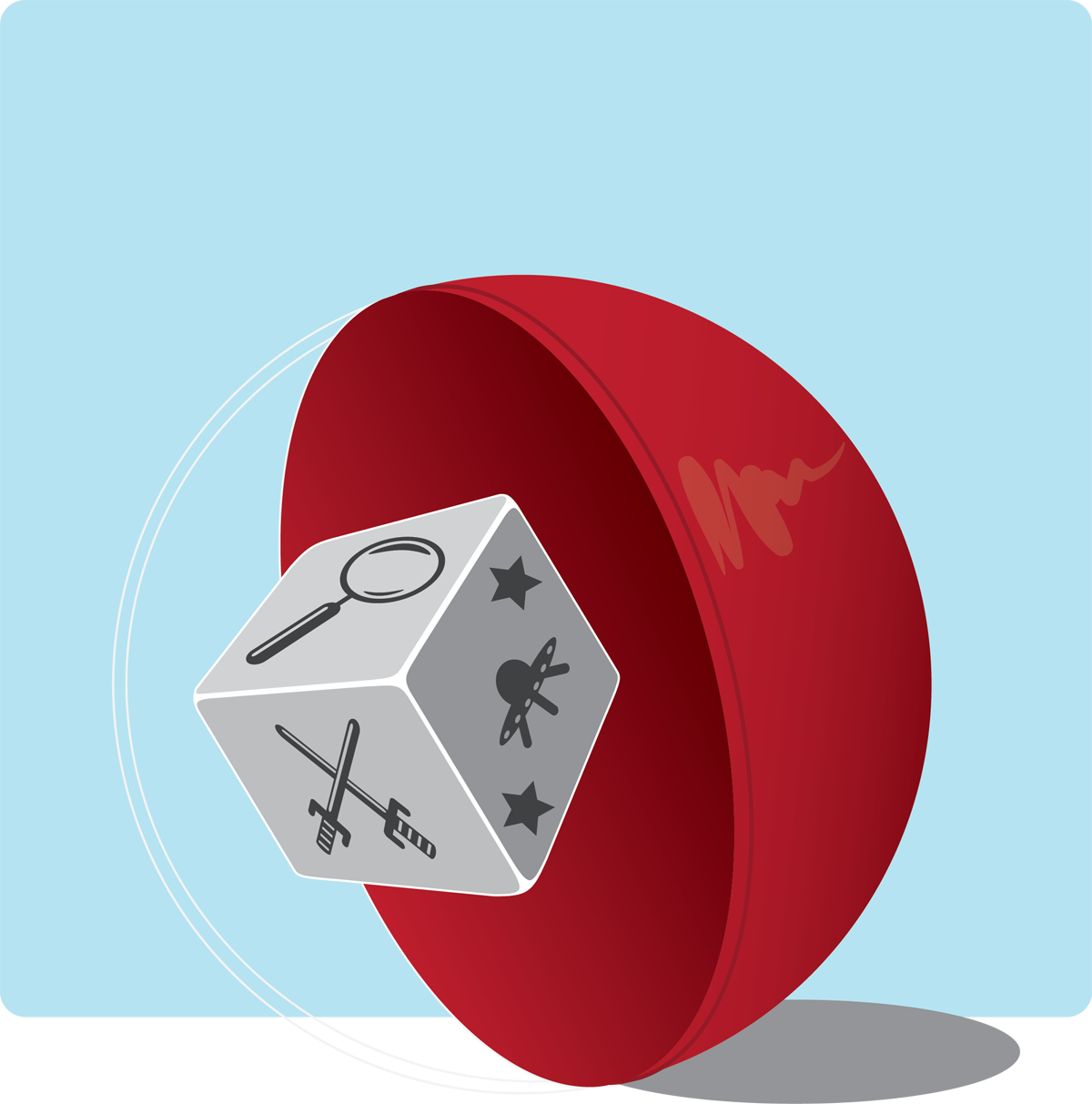 A vector image of a half clear ball a die inside. The die has sides magnifying glass, crossed swords, and spaceship with stars. 