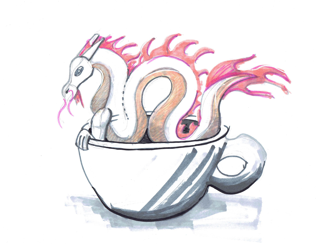 A pink dragon in a teacup