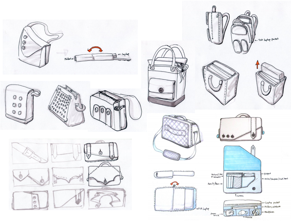 Marker sketches of laptop bag designs including cute totes, vertical messenger bags, briefcases, and backpacks. For briefcases, there are a series of designs for the front flap with different types of buckles, stitching, and asymmetrical patterns. There is also ideation on interior compartments and pockets.